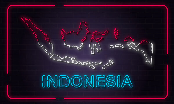 Modern Indonesian map outlined in vibrant red and white neon, set against a dark brick wall, with "INDONESIA" glowing in blue. A striking and patriotic digital design.