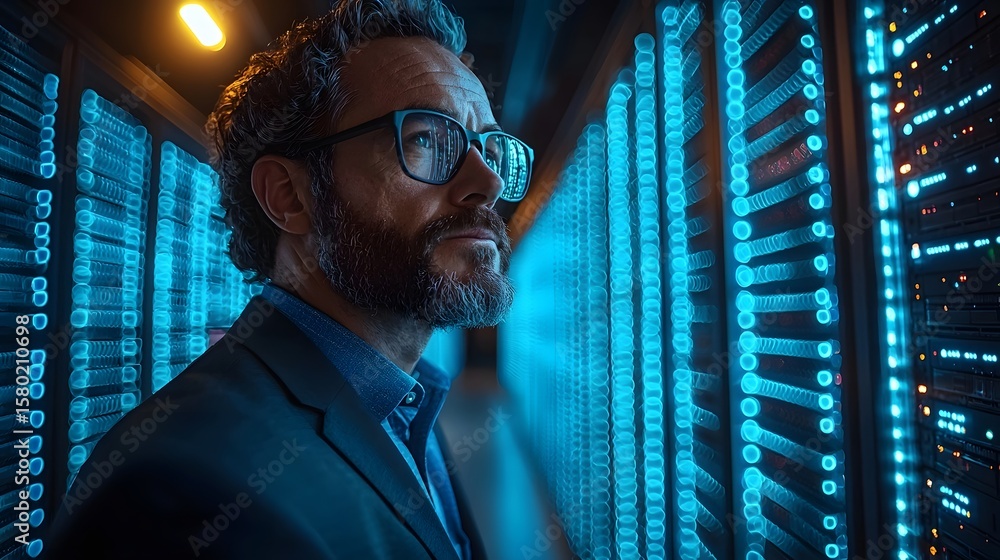 Poster businessman overseeing a high tech blockchain data center