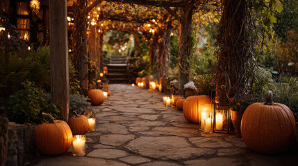 Halloween pathway decorated with pumpkins and candles creating a magical atmosphere.