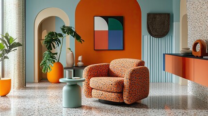 Memphis design concept with colorful armchair, modern decor, contemporary console, and trendy styling