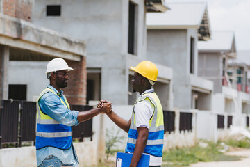 workers at construction site, young engineer manager and worker handshaking at construction site ....