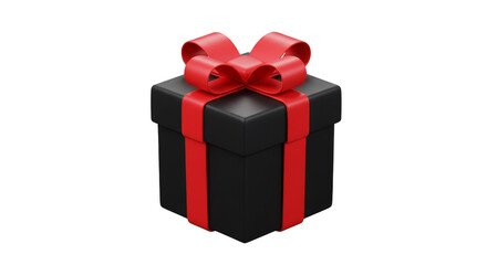 Isolated 3D Gift Box Black and Red Bow Ribbon Transparent Background