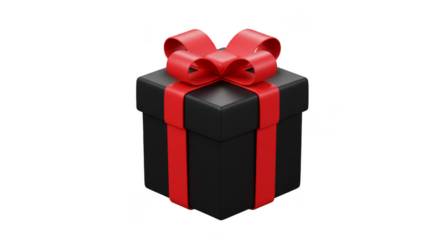 Isolated 3D Gift Box Black and Red Bow Ribbon Transparent Background