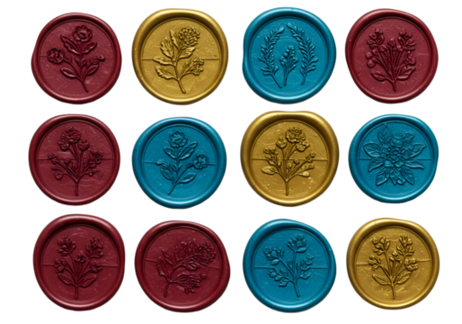 Illustration of Collection Vintage Floral Emblems Wax Seal in Gold Blue Red - Powered by Adobe