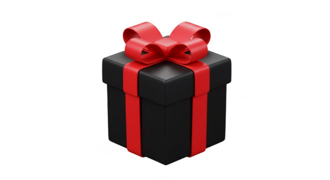 Isolated 3D Gift Box Black and Red Bow Ribbon Transparent Background