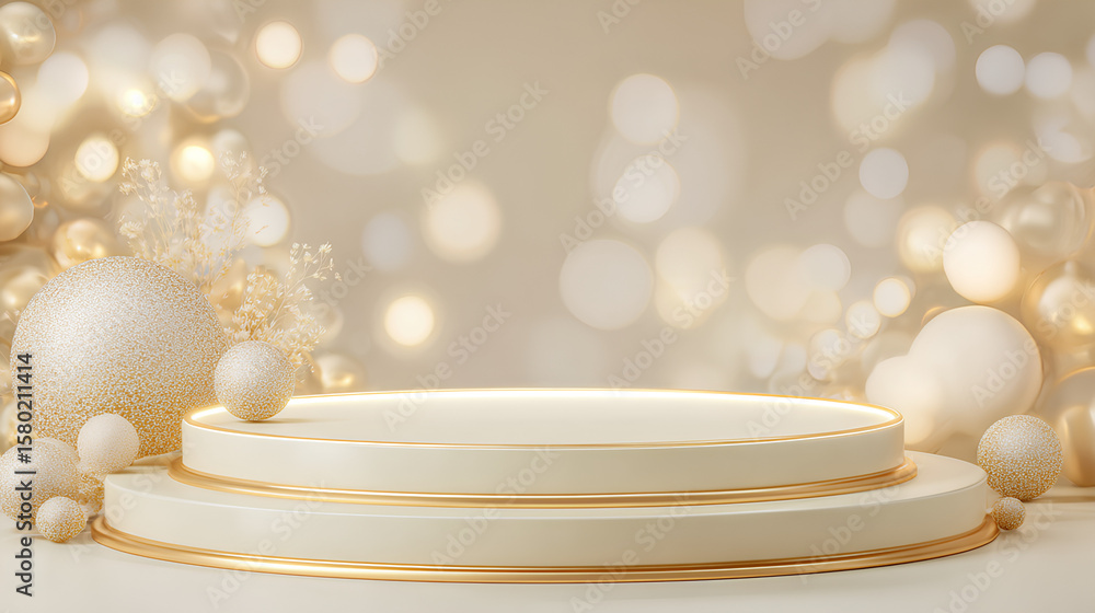 Poster empty elegant podium golden on cream color background with light neon effects and glow bokeh with go