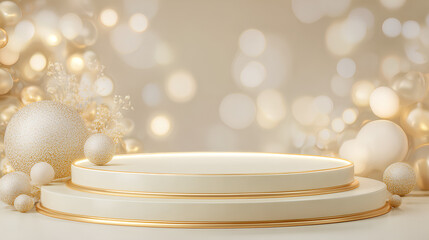 Empty elegant podium golden on cream color background with light neon effects and glow bokeh with gold ball decorations. Luxury scene design concept. Stock Vector