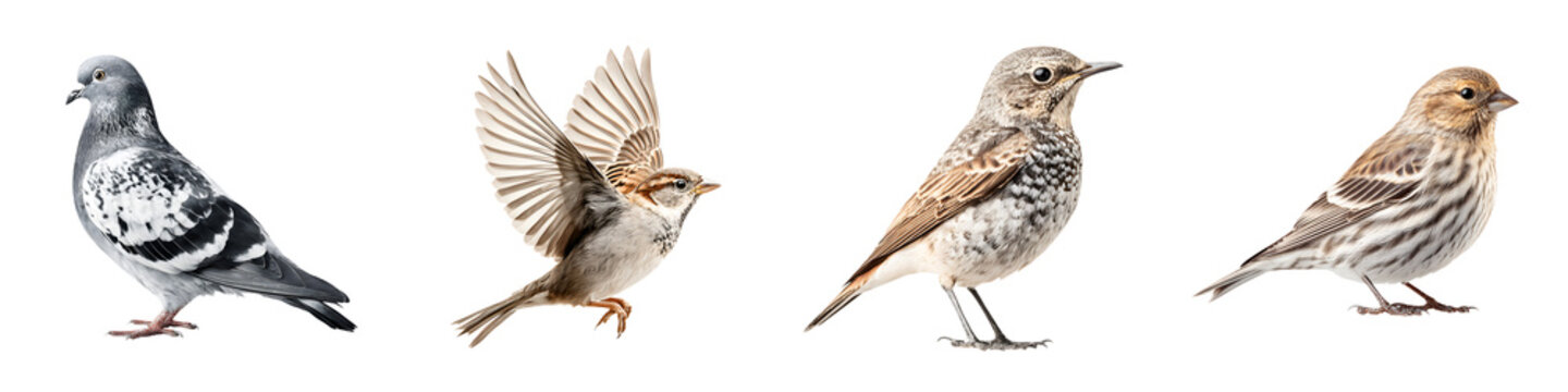 Diverse Bird Species Isolated on White Background: Pigeon, Sparrow, Pipit, and Finch