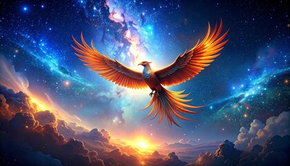Phoenix rising from flames, phoenix firebird rising into sky, phoenix in fire, Symbol of rebirth, Fenix with burning wings and feathers, flying red burning bird, angel in the night sky