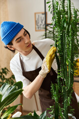 Handsome young man carefully transplanting plants in a bright studio space filled with greenery