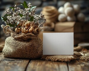 Blank white farewell gift card in a rustic floral arrangement