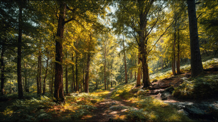 Obraz premium An inviting autumn path leads through a sun-dappled forest.