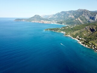 A drone photo of the beautiful bay of Sutomore in Montenegro