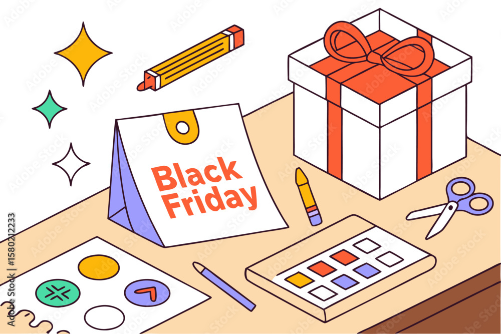 Poster a vibrant isometric illustration depicting a desk setup with a black friday calendar a gift box with