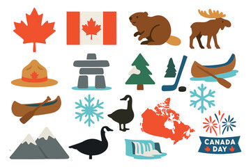 Canada Icons Set Canadian Symbols Maple Leaf Moose Flag Culture Collection