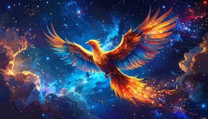 Phoenix rising from flames, phoenix firebird rising into sky, phoenix in fire, Symbol of rebirth, Fenix with burning wings and feathers, flying red burning bird, angel in the night sky