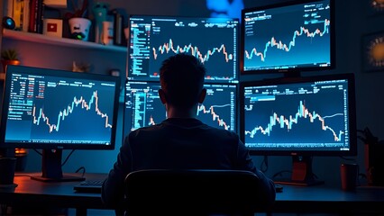 Financial Analyst Monitoring Stock Market Data on Multiple Computer Screens at Night