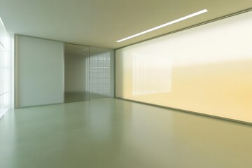 Fototapeta premium A large, empty room with a white wall and a large window. Modern office interior with large glass wall and empty white wall for mockup, 3D Rendering.