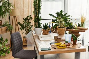Ahair next to table full of plants and pots in studio.