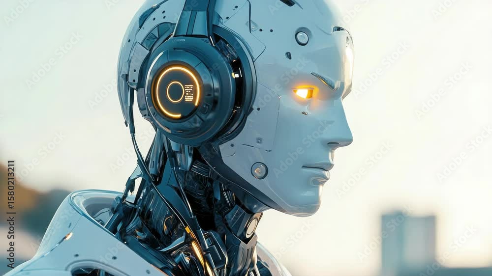 Poster head of a silver robot with glowing eyes, symbolizing advanced technology and artificial intelligenc