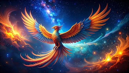 Phoenix rising from flames, phoenix firebird rising into sky, phoenix in fire, Symbol of rebirth, Fenix with burning wings and feathers, flying red burning bird, angel in the night sky