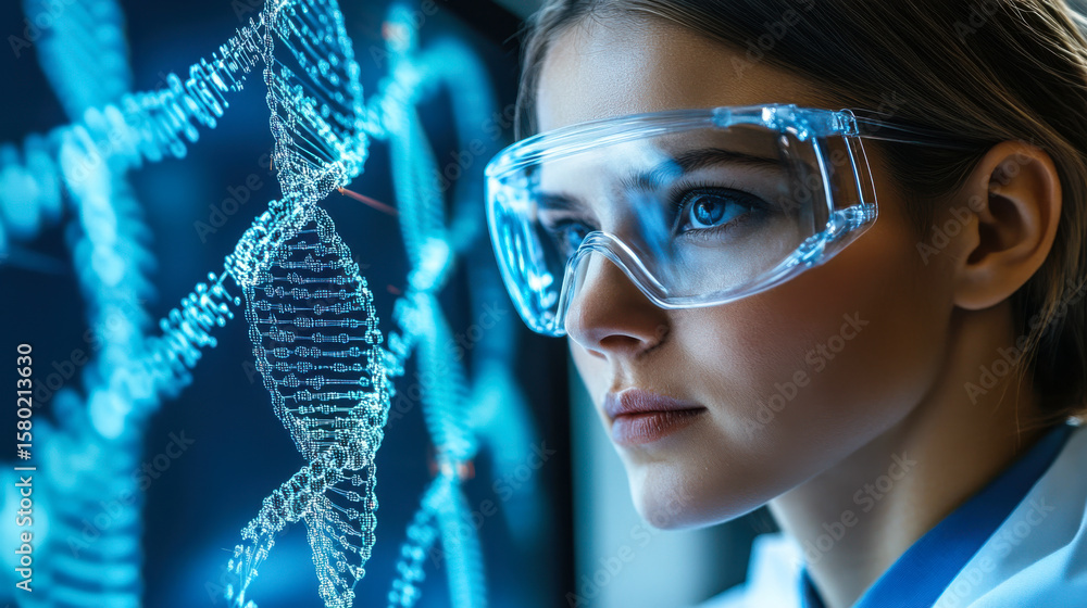 Poster child explores interactive technology with virtual displays while wearing smart glasses in a modern 