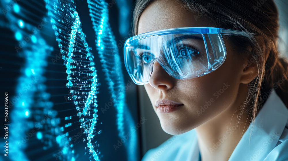 Poster young scientist examines digital data visualizations in a lab during a research project focused on a