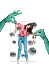 Collage 3d pinup pop retro sketch image of tired upset lady hanging green arms isolated painting...