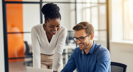 Fototapeta premium Diverse colleagues collaborate happily over a laptop in a modern office setting