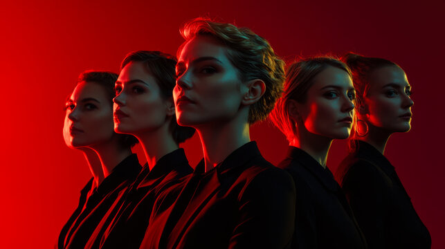 Diverse female models showcasing modern fashion against a vibrant red and green backdrop during a creative photoshoot