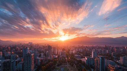 Fototapeta premium Sunset over a sprawling city skyline with mountains in the distance