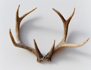 Two light brownish-tan deer antlers, symmetrical, on plain white background