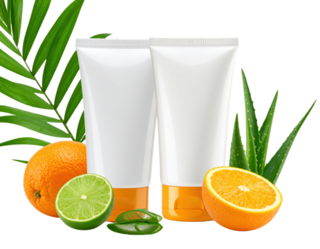 A refreshing arrangement of two blank white cosmetic tubes with orange caps, flanked by vibrant citrus fruits, aloe vera, and palm leaves, suggesting natural skincare and tropical freshness.