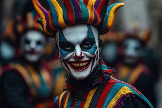 Vibrant Clown with a Smile: A striking image of a clown in the crowd, capturing the intensity of a masked figure against a blurred background.