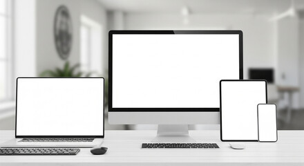 Professional Workspace Tech Mockup: Laptop, Monitor, iPad & Smartphone with Keyboard & Mouse (4K).