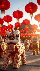 Fototapeta premium Lion dance under red lanterns