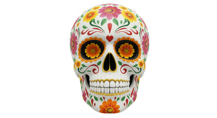 Isolated 3D Skull with Floral Day of the Dead Decoration on Transparent