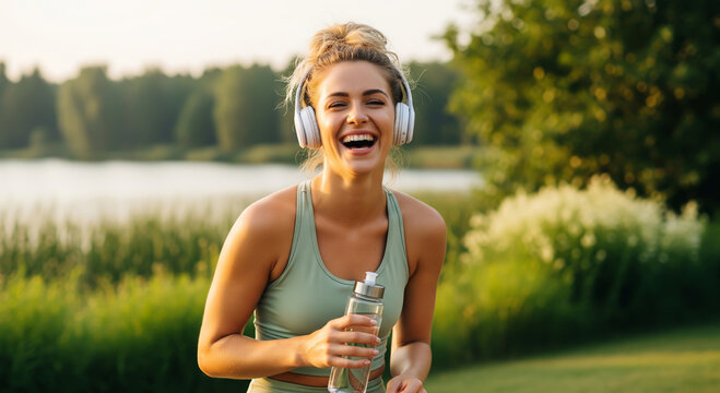 Joyful woman with headphones and water bottle enjoys outdoor activity