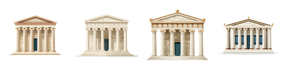 Fototapeta premium Ancient Greek Temple Facades Isolated on White Background