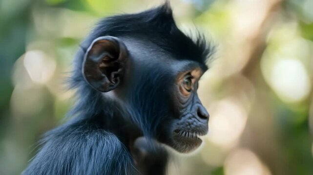 A young monkey with a curious expression gazing forward, set against the backdrop of dense foliage.