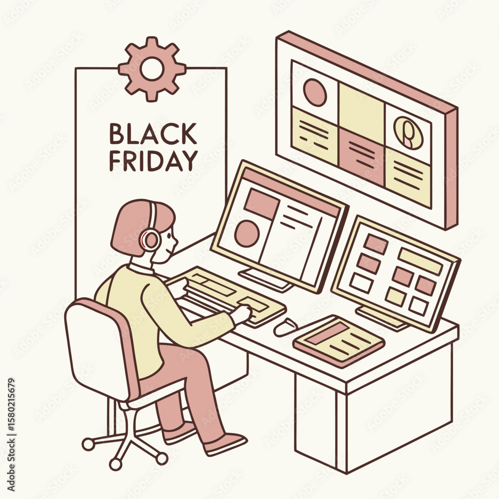 Fototapete A person wearing headphones sits at a desk with multiple computer monitors displaying black friday sale information and graphics representing online shopping and digital marketing