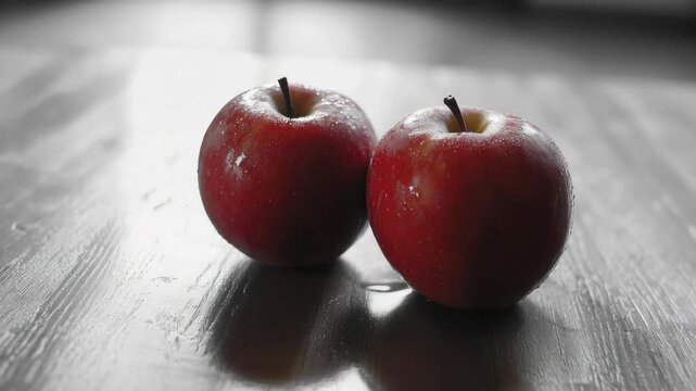 Fresh red apples on a wooden table. Background is blurred, emphasizing the sharpness of the apples.