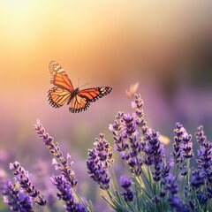 A beautiful butterfly gracefully flits amidst the fragrant lavender flowers, basking in the soft glow of sunlight. This enchanting scene is a celebration of nature's delicate beauty.