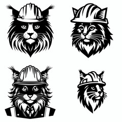 A Maine Coon Cat wear contruction engineer helmet. Silhouette Clipart Line Art Vector Illustration. Big feline in tiny hardhat building job supervisor gear for work site pet.