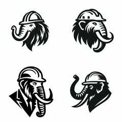 A Mammoth wear contruction engineer helmet. Silhouette Clipart Line Art Vector Illustration. Big prehistoric creature don hardhat protection gear for building project job.
