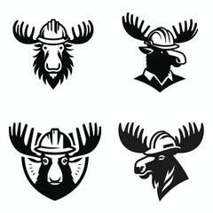 A Moose wear contruction engineer helmet. Silhouette Clipart Line Art Vector Illustration. Bull elk donning hard hat site supervisor head protection.