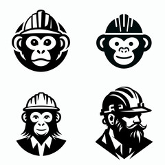 A Monkey wear contruction engineer helmet. Silhouette Clipart Line Art Vector Illustration. Primate with hard hat for building work animal gear civil project.