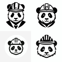 A Panda wear contruction engineer helmet. Silhouette Clipart Line Art Vector Illustration. Bear cub donning hard hat builder head protection tool for stout mammal.