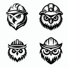 A Owl wear contruction engineer helmet. Silhouette Clipart Line Art Vector Illustration. Avian creature donned builders hard hat jobsite safety concept.