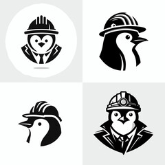A Penguin wear contruction engineer helmet. Silhouette Clipart Line Art Vector Illustration. Avian in headgear building worker protection for flightless bird.